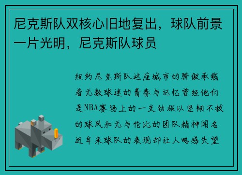 尼克斯队双核心旧地复出，球队前景一片光明，尼克斯队球员