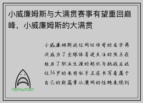 小威廉姆斯与大满贯赛事有望重回巅峰，小威廉姆斯的大满贯