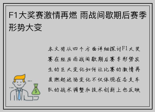 F1大奖赛激情再燃 雨战间歇期后赛季形势大变