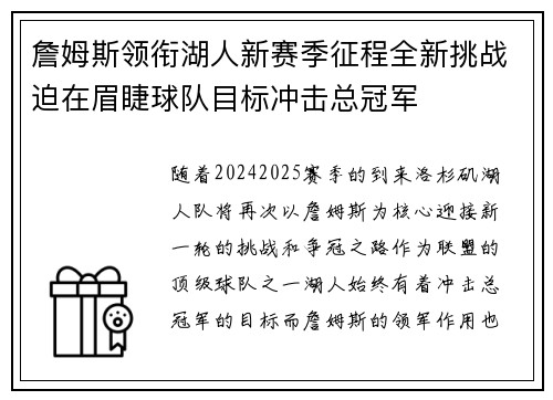 詹姆斯领衔湖人新赛季征程全新挑战迫在眉睫球队目标冲击总冠军