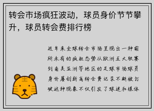 转会市场疯狂波动，球员身价节节攀升，球员转会费排行榜